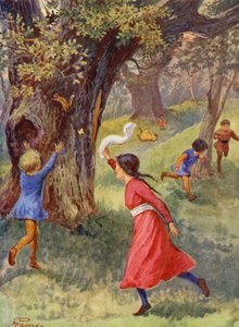 Merrie England: Děti si hrají v Sherwoodském lese (barevná litografie)