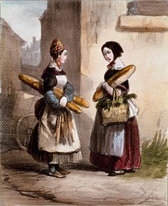 Malé metiery: pekárna. Mladý chodící obchodník s chlebem. Tisk Alfred Andre Geniole (1813-1861) z „Les femmes de Paris“ 1841-1842 Paříž, Musee Carnavalet