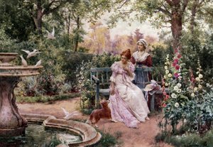 Domácí mazlíčci její paní. Dvě mladé dívky v květinové zahradě se psem u fontány s holubicemi. Obraz od Alfreda Augusta I. Glendeninga (1861-1903, Velká Británie). Prerafaelismus (prerafaelitské umění). Soukromá sbírka