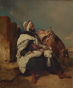 Sedící Arab s koněm, možná ca. 1850-58.