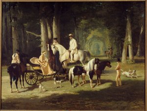 Manželé A. Mosselmanovi a jejich dvě dcery Procházejí se lesem na koni. Obraz Alfreda de Dreux (1810-1860) 1848 Ne. 2x2,65 m Paříž, muzeum Petite Palais