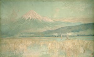 Svítání na posvátné hoře, slunce Fuji napůl skryté v oblacích, 1889