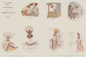 Faksimile originálních akvarelových kreseb navržených tak, aby satirizovaly módu v ženských pokrývkách hlavy roku 1828 (chromolitho)