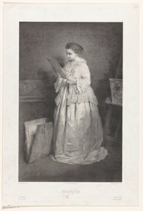 Mladá žena při pohledu na tisk nebo kresbu Nediskrétnost (název na předmětu) od Alfred François Lemoine