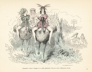 Ženy ve zvířecích kůžích a peřích jezdí na pštrosech a labutích. od Alfred Grevin