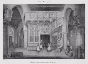 Vyřezávaná dřevěná zástěna kaple Notre Dame de Lambader, Plouvorn, Bretaň, Francie (litho) od Alfred Guesdon
