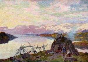 Lappská chata u jezera Torne Trask, půlnoc od Alfred Heaton Cooper