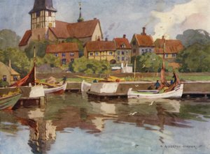 Dánsko: Bornholm, Ronne Harbor (barevné lito) od Alfred Heaton Cooper