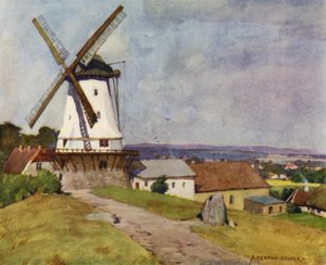 Dánsko: Dybbol Mill, Sonderborg, na bitevním poli roku 1864 (barva litho) od Alfred Heaton Cooper