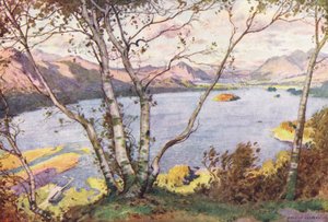Lake District: Derwentwater a jezero Bassenthwaite, od High Lodore (barevná litografie) od Alfred Heaton Cooper