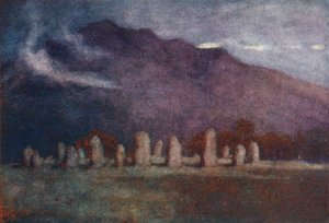 Lake District: (barevná litografie): Druid Circle, nedaleko Keswicku, měsíční svit (barevná litografie) od Alfred Heaton Cooper