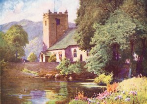 Lake District: Grasmere Church (barevná litografie) od Alfred Heaton Cooper