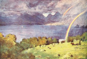 Lake District: (barevná litografie): Windermere a Langdale Pikes, z Lowwoodu (barevná litografie) od Alfred Heaton Cooper