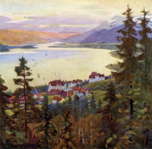 Jezero a vesnice Are od Alfred Heaton Cooper