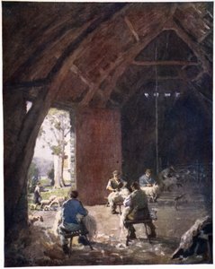 Sheepshearing, Esthwaite Hall Farm, z portfolia tisků z původních akvarelů, kolem roku 1920 od Alfred Heaton Cooper