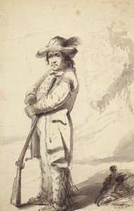 Trapper z Rocky Mountain, Bill Burrow, kolem roku 1837 (tužka, pero a inkoust a mytí na papíře) od Alfred Jacob Miller