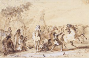 Evening, Picketing Horses, c.1837 (tužka, praní a kvaš na papíře) od Alfred Jacob Miller