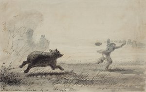 Fontenelle Chased by a Grizzly Bear, cca 1837 (pero, inkoust a mytí na papíře) od Alfred Jacob Miller