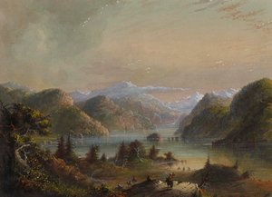 Scéna u jezera s řekou a horou od Alfred Jacob Miller