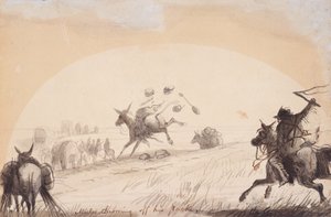 Mule Throwing Off His Pack, kolem roku 1837 (tužka, pero a inkoust a mytí na papíře) od Alfred Jacob Miller