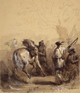 Sir W.D.S., Antoine a Auguste aneb Příprava na lov bizonů, kolem roku 1837 (pero a inkoust, praní a kvaš na papíře) od Alfred Jacob Miller