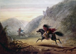 Indián z kmene Snake pronásleduje zloděje koní „Crow“ od Alfred Jacob Miller
