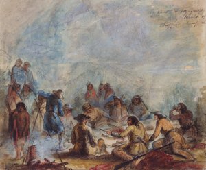 Sunrise, Trappers and Travelers at their Meals of Buffalo Hump Rib, c.1837 (akvarel na papíře) od Alfred Jacob Miller