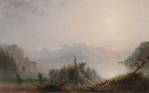 Jezero, její osamělé ňadro se rozpíná k obloze, kolem roku 1850 (olej na panelu) od Alfred Jacob Miller