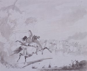 Throwing the Lasso, c.1837 (pero a inkoust s šedou barvou na šedé kartě) od Alfred Jacob Miller