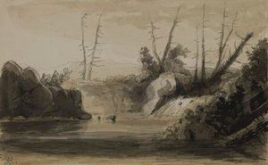 Pohled na vodopád a malé jezero od Alfred Jacob Miller