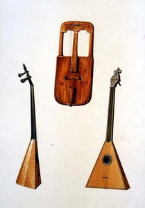 Velšský Crwth a ruská balalajka, z knihy "Hudební nástroje" (kolorovaná litografie) od Alfred James Hipkins