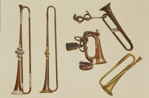 Jezdecká trubka, polnice, zlacená trubka od Johna Harrise kolem roku 1730, trubka a stříbrná trubka od Williama Balla kolem roku 1680, z 