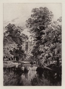 Cambridge: Cam poblíž Trinity College, s věží kaple svatého Jana (lept)