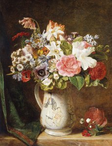 Růže, tulipány a další květiny v porcelánové nádobě na pověšené římse, od Alfred Morgan