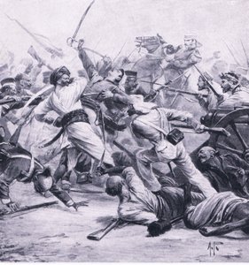 Nicholsonova porážka rebelů u Najafgarhu, 2. srpna 1857, ilustrace z britských bitev na souši a na moři, 1915 od Alfred Pearse