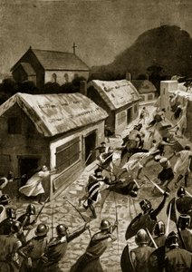 Útok Skotů na Berwick, listopad 1354, ilustrace z „Hutchinsonova příběhu britského národa“, kolem roku 1920 od Alfred Pearse