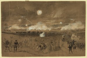 Couchův sbor tvoří bojovou linii na polích v Chancellorsville, aby kryl ústup jedenáctého sboru, který potupně utíkal pryč Abstrakt/medium