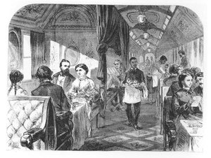 Vůz hotelu Palace Union Pacific Railway, polovina 19. století (rytina) (černobílá fotografie)