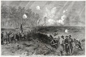 Army of the Potomac – The Struggle for the Salient, poblíž Spottsylvania, Virginia. 12. května 1864, od Harpers Weekly, pub. 1864 od Alfred Rudolph Waud
