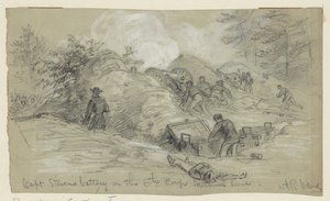 Baterie kapitána Stevense na lince 6. sboru potyčky od Alfred Rudolph Waud