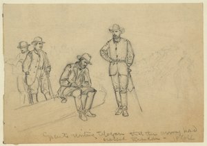 Grant napsal telegram, že armáda překročila Rapidan od Alfred Rudolph Waud