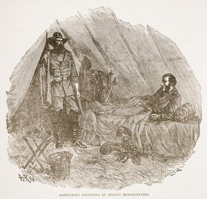 Longstreet podává hlášení na Braggově velitelství, z knižní publikace. 1896 od Alfred Rudolph Waud