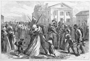 Shromážděni barevní dobrovolníci v Little Rock v Arkansasu z hospody Harpers Weekly. 1866 od Alfred Rudolph Waud