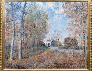 Roh dřeva se Sablons aneb cesta k rudě dřeva (lesní okraj Fontainebleau, poblíž Moret-sur-Loing) Malba Alfreda Sisleyho (1839-1899) 1883 Rozm. 0,6x0,73 m Paříž, musee d
