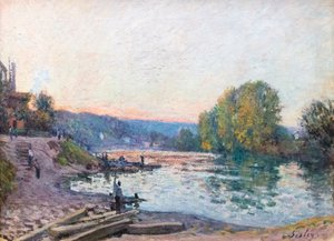 Břehy Seiny, sluneční efekt za soumraku, datum neznámé (olej na plátně) od Alfred Sisley