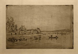 Banks of the Loing: Šest kotvících kánoí od Alfred Sisley