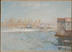 Loing a mlýny v Moretu, sněhový efekt od Alfred Sisley