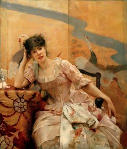 A.Stevens, Mladá žena a japonské plátno od Alfred Emile Stevens