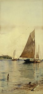 Sušení plachet, Oyster Boats, Patchogue, Long Island, od Alfred Thompson Bricher