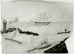 Tři plachetnice, dvě parníky a maják Godrevy, kolem 1935-38 (olej a tužka na kartičce) od Alfred Wallis